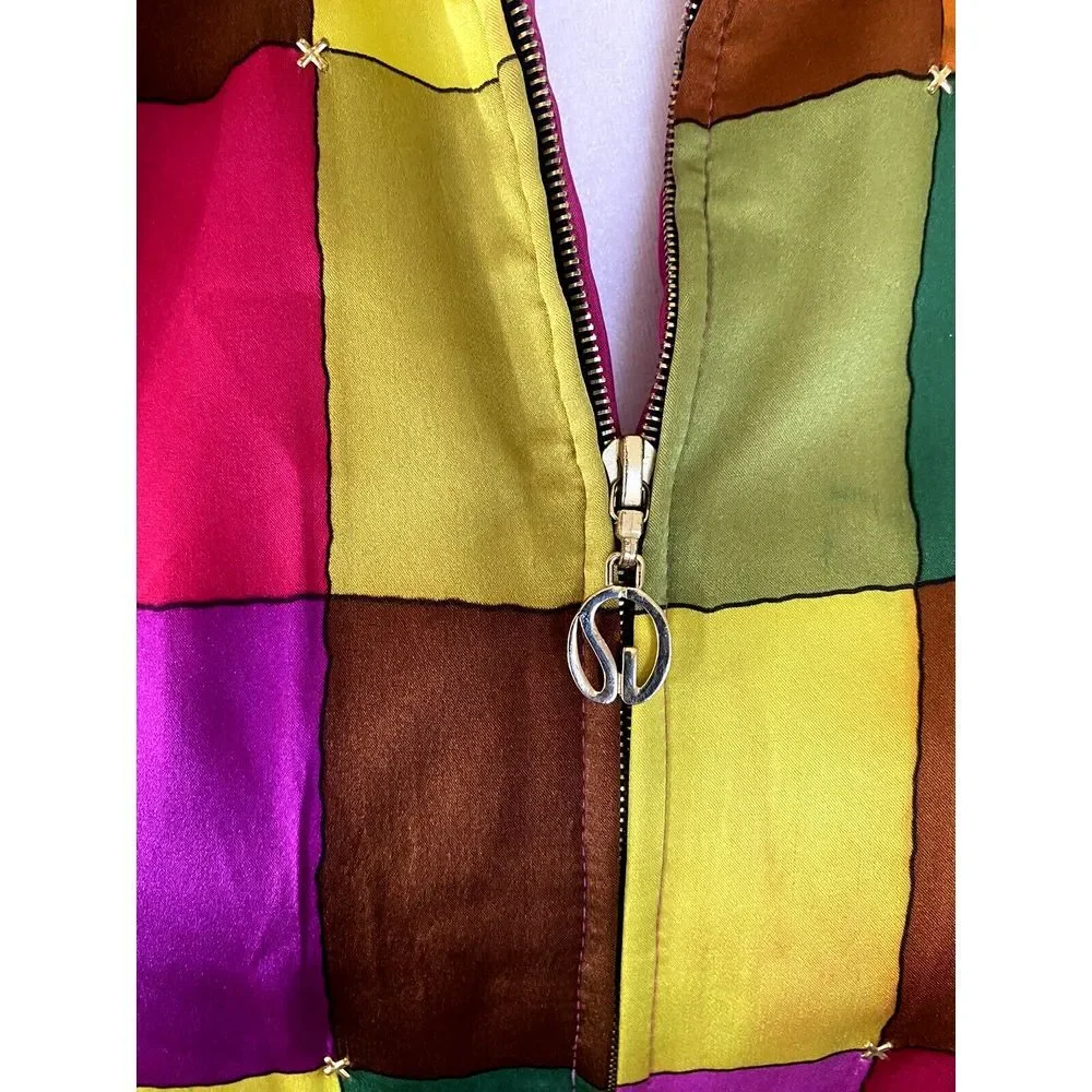 ST. JOHN‎ SPORT MARIE GRAY Bomber Jacket Zip SILK SZ S Color Block 80s Wool Boho - Picture 4 of 10